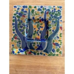 Cristal‎ Pasquier Hand Made French Art Glass Dish Abstract Slab Tray Label